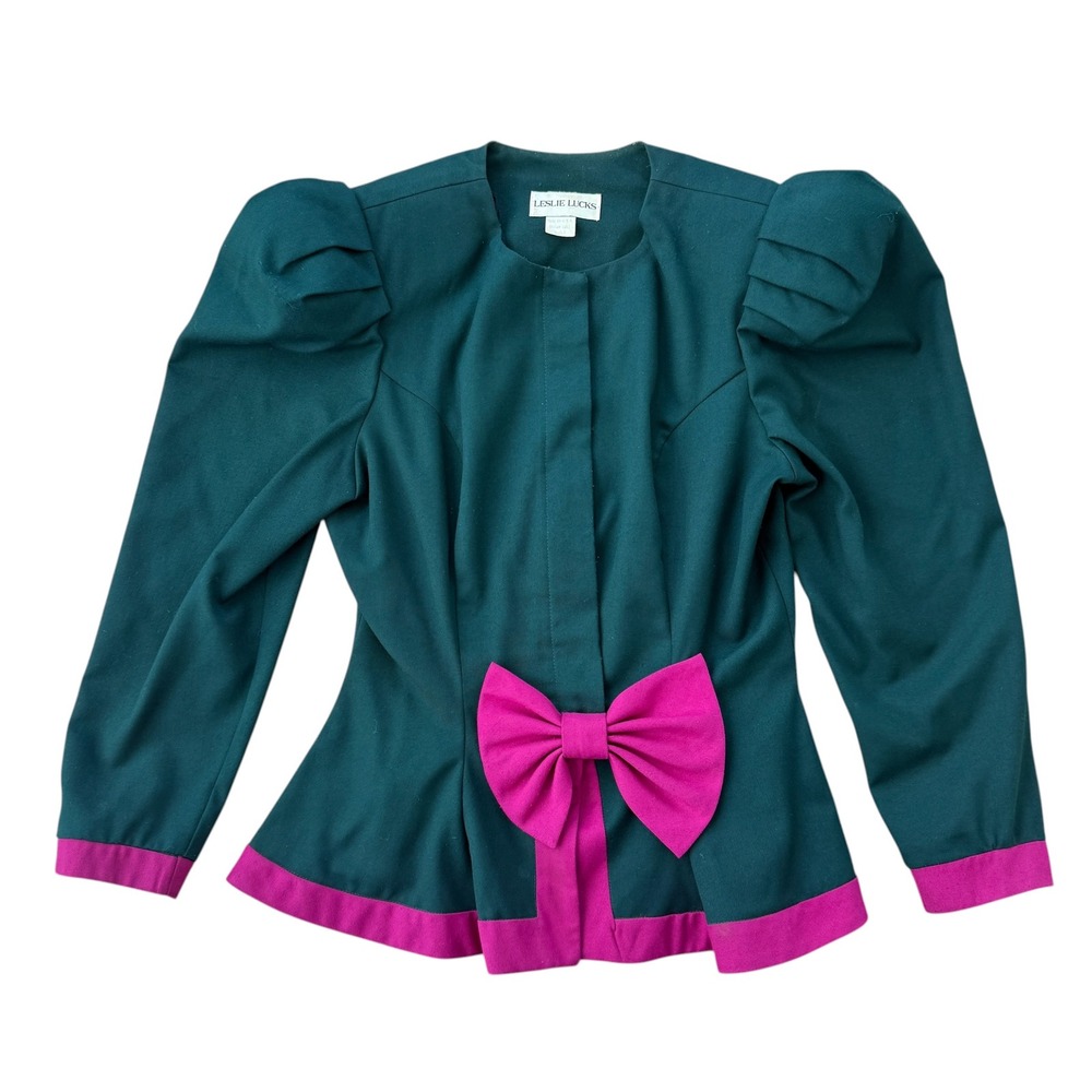 Leslie Lucks Avant Garde Puff Sleeve Bow Jacket Green Pink Peplum Blazer S 80s